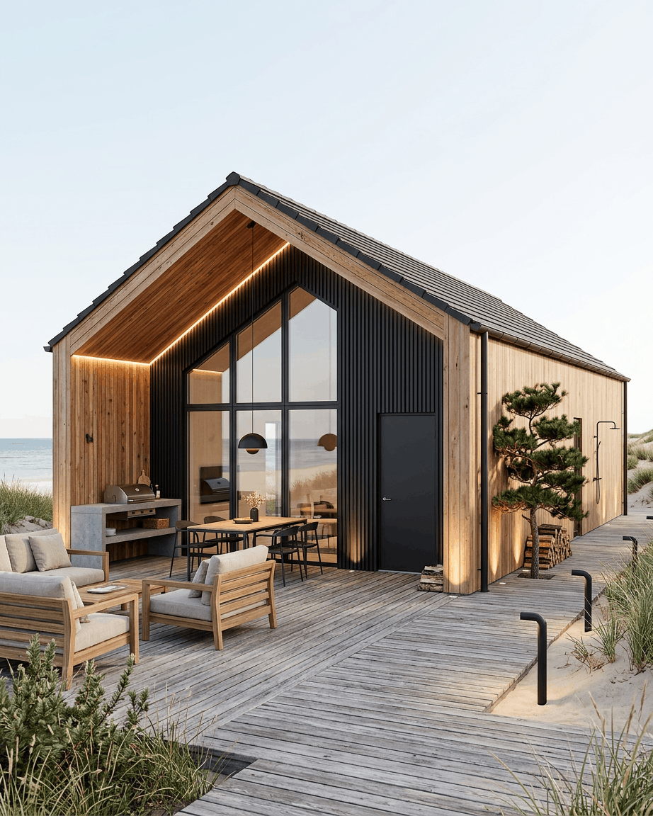 Moderne strandhus med large glassvinduer, uteservering og WoodUpp Aluwood black fasadepaneler, omgitt av sanddyner og strandgress.
